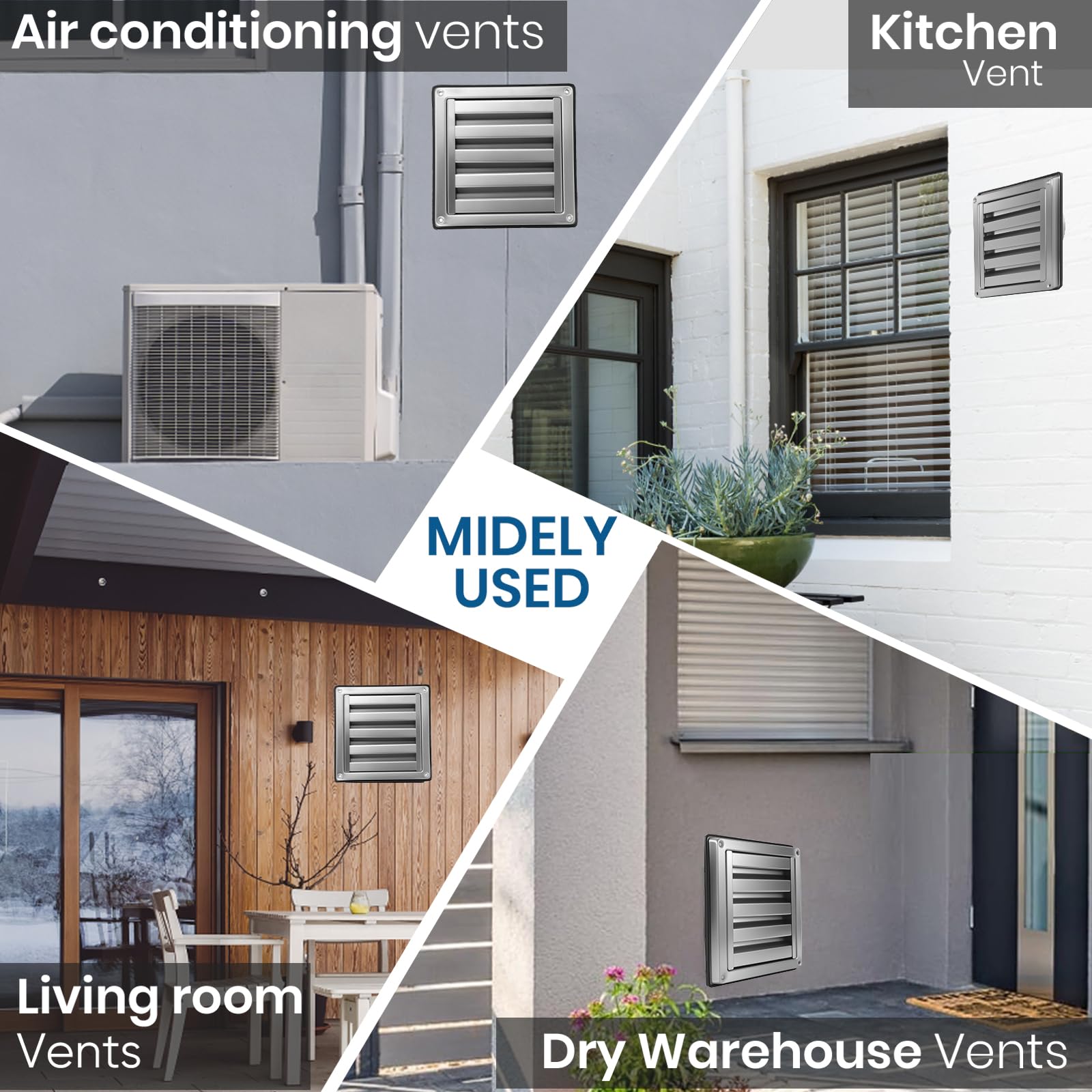 Grille de ventilation 150 mm en acier inoxydable 304 avec moustiquaire et lames fixes - Idéale pour le montage mural extérieur des systèmes de ventilation et des hottes aspirantes