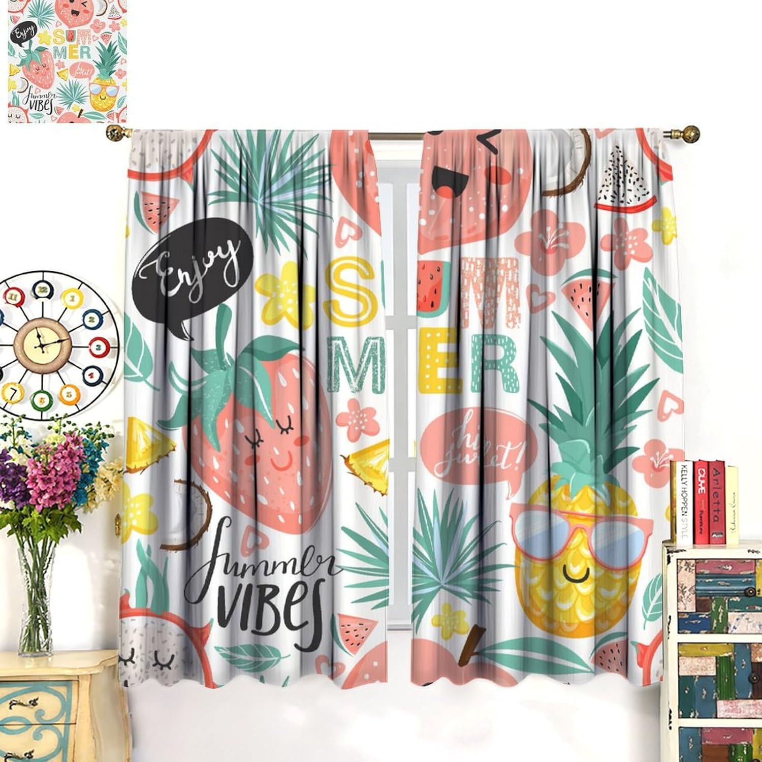 Fruits Curtains Cartoon Cute Strawberry and Pineapple Summer Pattern for Kids Room Decoration Blackout Print Rod Pocket Window Drapes for Bedroom Living Room Kitchen 42x63in