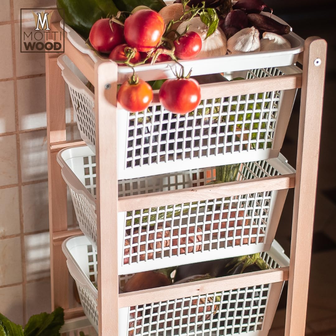 Carrito de cocina con 4 cestas, de madera de haya natural, 36,2 x 30 x 82,3 cm, montado, fabricado en Italia (natural)