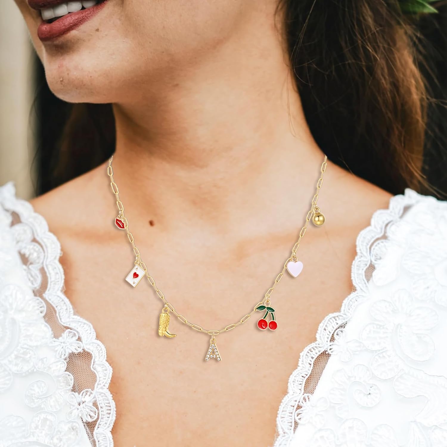 Korotho Initial Cowgirl Charm Necklaces for Women, 14K Gold Plated Dainty Western Cowgirl Cherry Heart Necklace Summer Beach Letter A-Z Choker Necklace Personalized Monogram Name Necklace for Her - Image 7