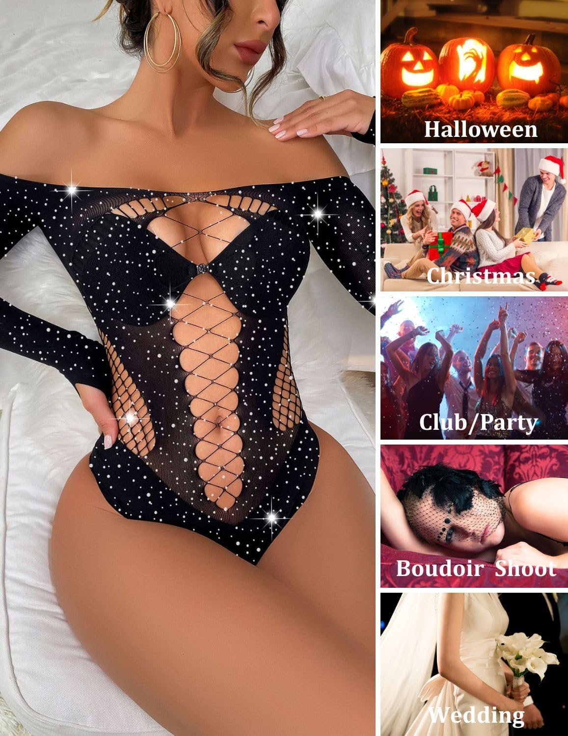 ROSVAJFY Rhinestone Sparkle Bodysuit Tops for Women Fishnet Long Sleeve Mesh Lingerie Hollow Out Teddy Sexy Outfit One-Piece