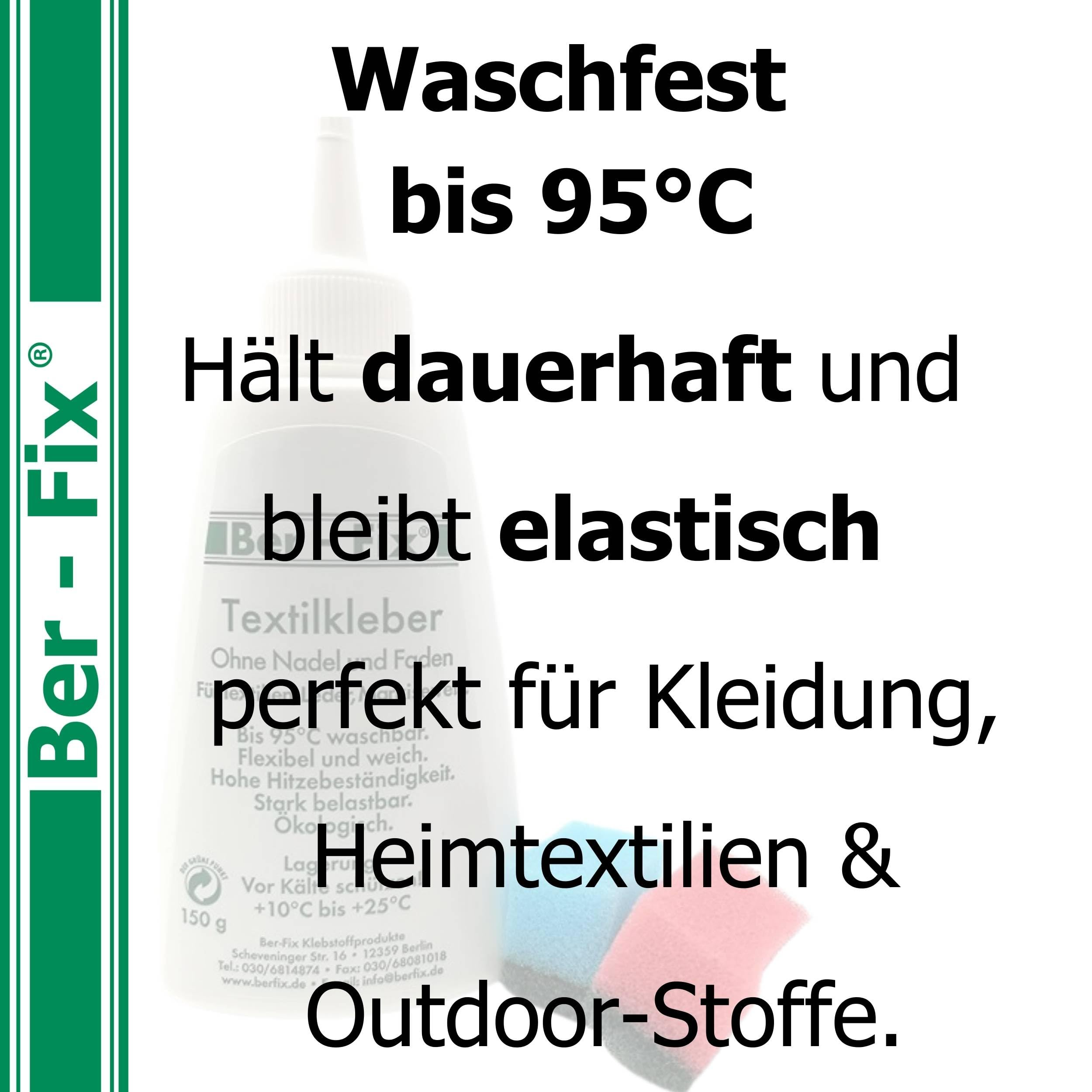 Ber-Fix Textilkleber - wasserfest, kochfest, bügelfester, flexibel (40g mit 150g)