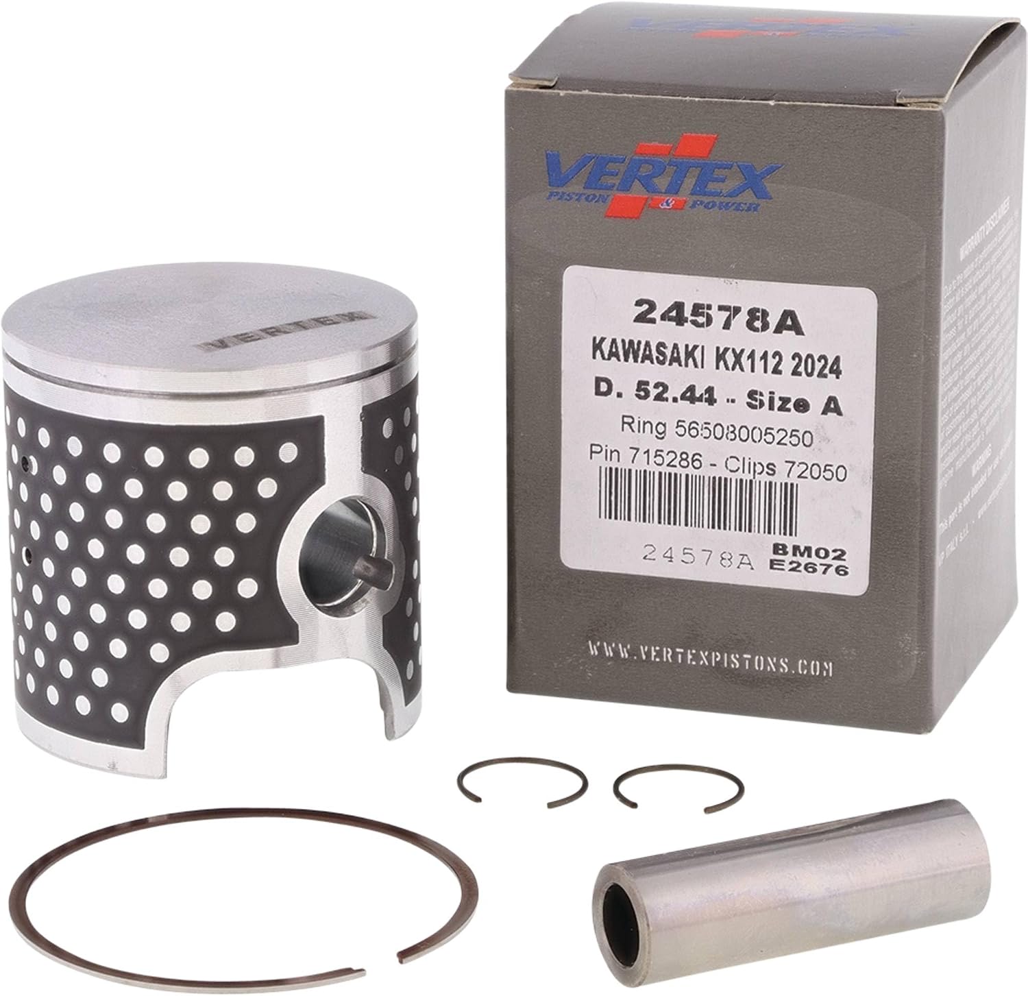 Vertex 24578A Cast Replica Piston Kit Compatible With/Replacement For Kawasaki KX 100 2014-2021, KX 112 2022-2024 13001-0833 STD Compression Ratio, 52.500 mm Cylinder Diameter, 112 cc Displacement