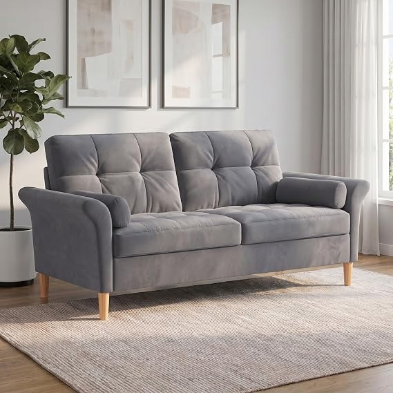 3 Seater Fabric Sofa with Tufted Back, Grey | Soft fabric upholstery, tufted back, removable bolster cushions, 15 cm wooden legs, robot vacuum friendly