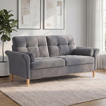 3 Seater Fabric Sofa with Tufted Back, Grey | Soft fabric upholstery, tufted back, removable bolster cushions, 15 cm wooden legs, robot vacuum friendly