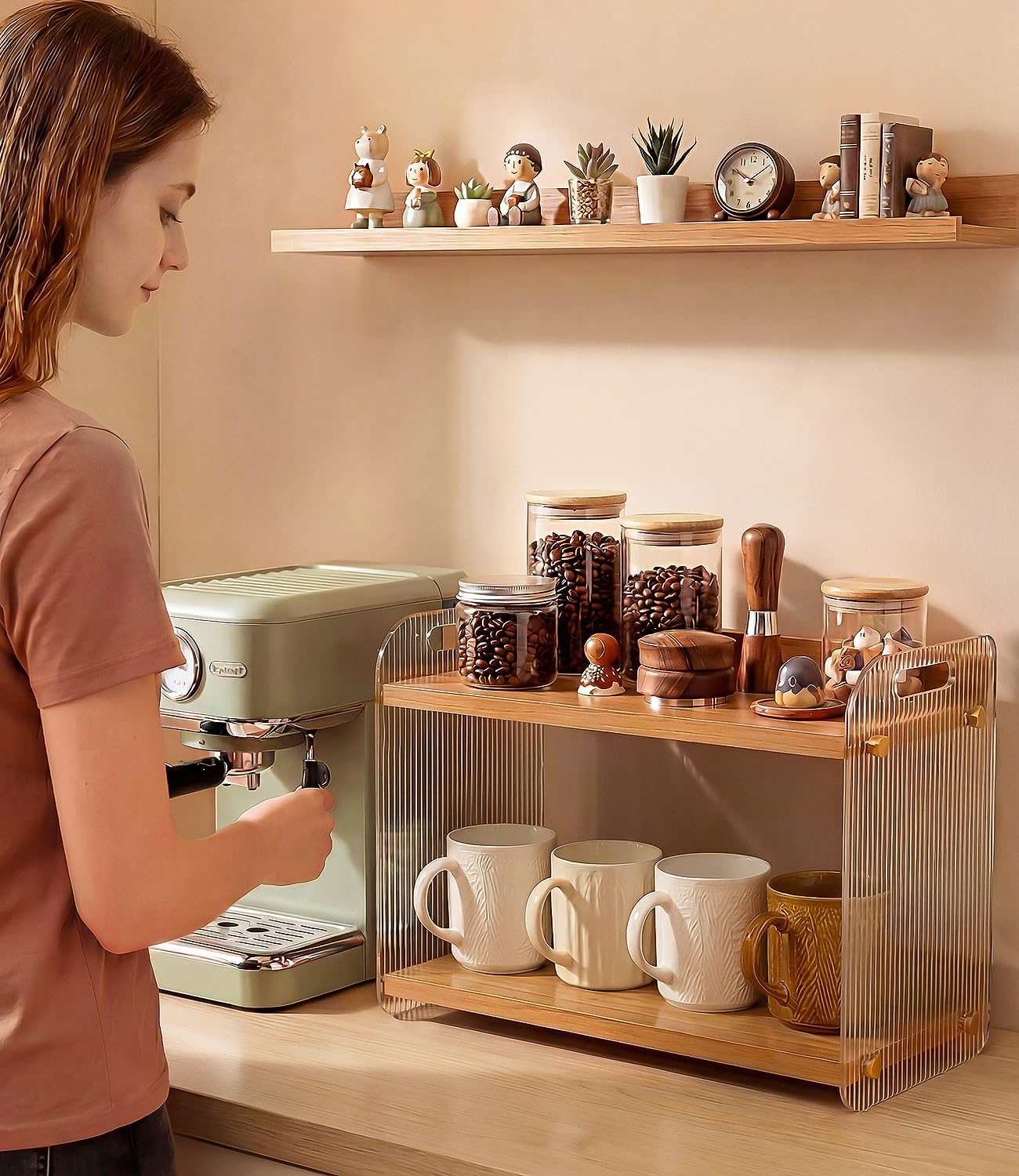 2 Tier Coffee Station Organizer - Acrylic & Pine Wood coffee bar shelf, Easy-to-Clean matcha station for Kitchen Countertops, for Placing Mugs, Coffee Beans, Syrup, Cups etc.(15.75" x6.18" x 9.37")