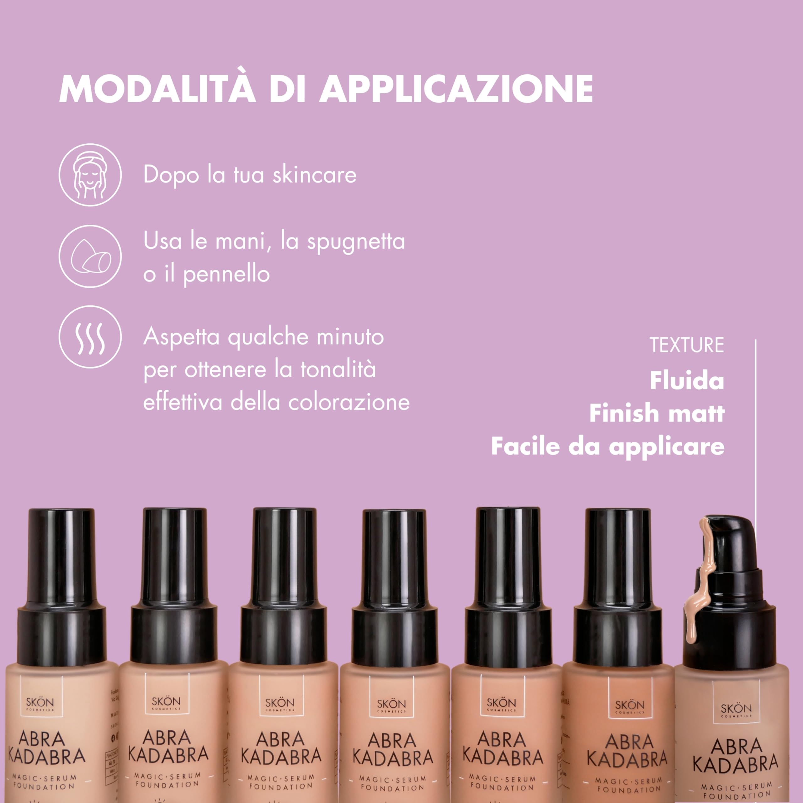 Skön Abrakadabra Soft Matt - Siero Fondotinta con Protezione Solare SPF30, Siero Viso Acido Ialuronico e Vitamina E, Fondotinta Solare Uniformante dal Finish Vellutato, per Pelle Mista e Grassa, 30ml