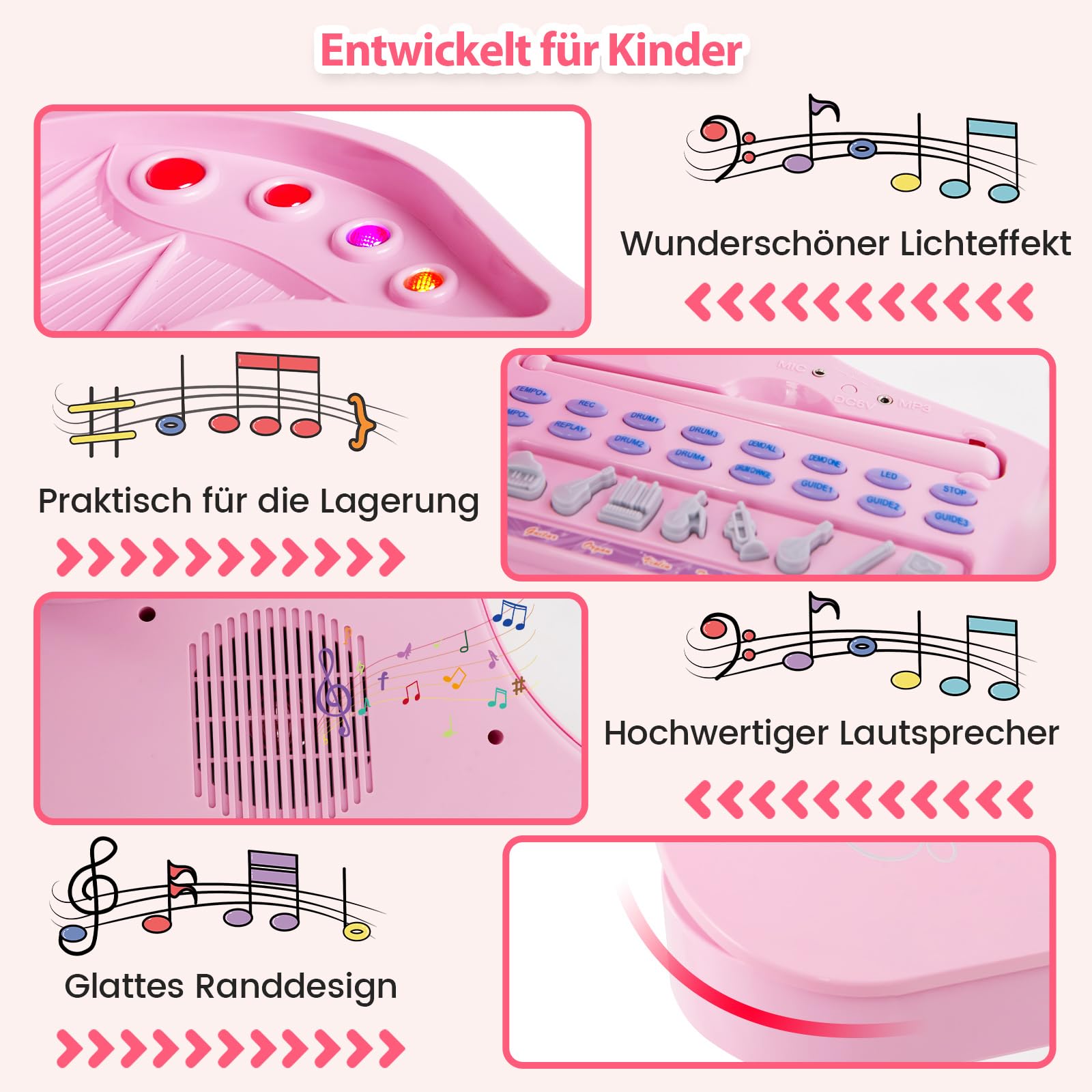 COSTWAY Kinder Keyboard mit 37 Tasten & Hocker, elektronische Klaviertastatur tragbar mit Mikrofon, LED-Lehrmodus, Aufnahme- & Wiedergabefunktion, Musikinstrument für Kinder ab 3 Jahre (Rosa)