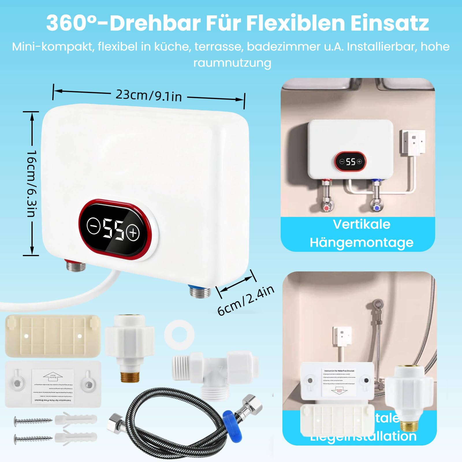 Mini Durchlauferhitzer, 3500-5500W 220V Elektrische Warmwasserbereiter IPX4 Schutz mit LED-Temperaturanzeige, Plug-and-Play Heißwasser für Dusche, Küche, Bad