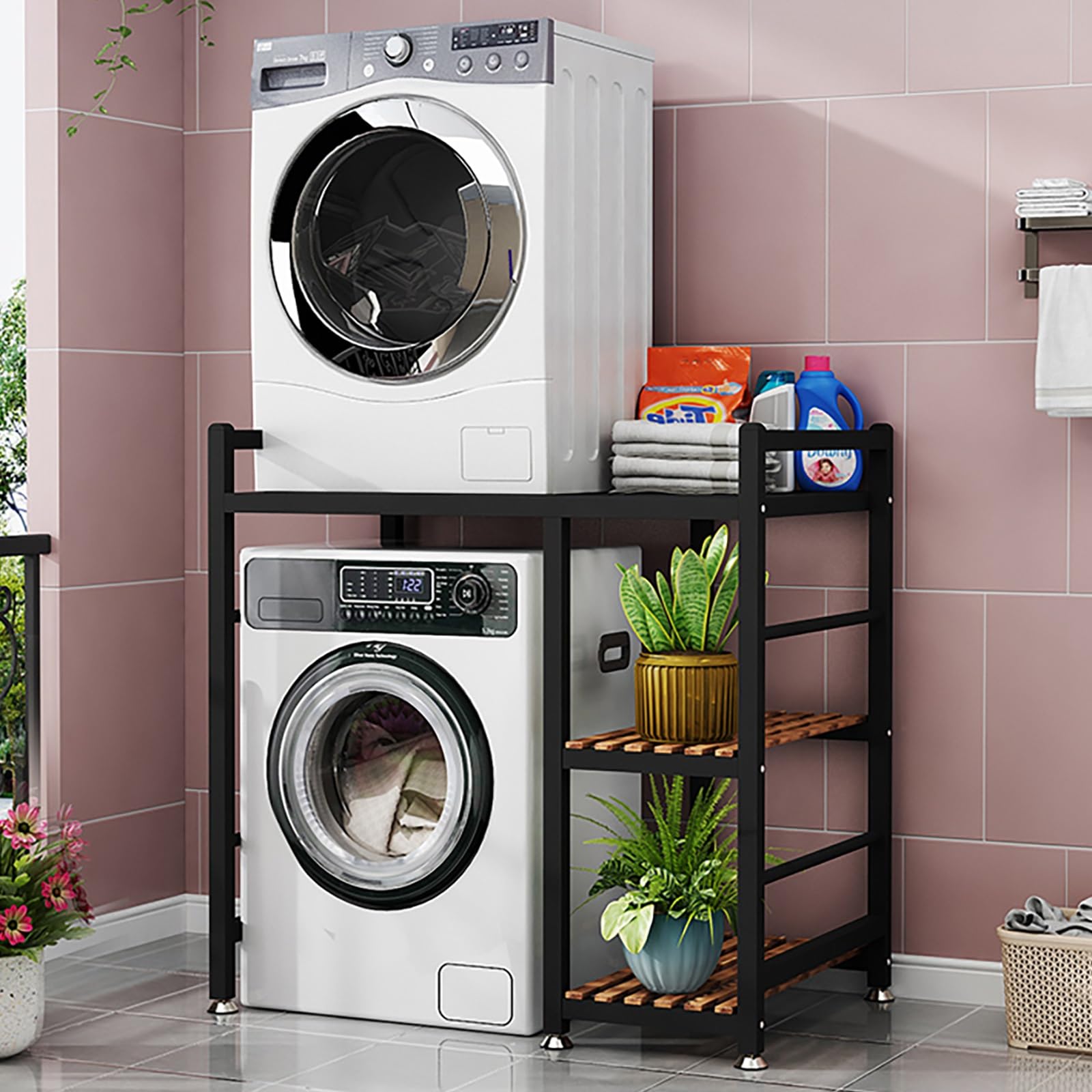 Lavatrice Scaffale A 3 Ripiani,Supporto Lavatrice Asciugatrice,Tamburo Lavastoviglie Ripiano Di Stoccaggio,Mobiletto Sopra Lavatrice,Supporto Asciugatrice Sopra Lavatrice,Per Bagno, Lavanderia(Black-A