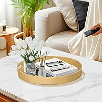 Vista 5 de MAONAME 13" Gold Round Decorative Tray for Coffee Table, Modern Serving Tray with Handles, Plastic Ottoman Trays, Bathroom Decor Dorado