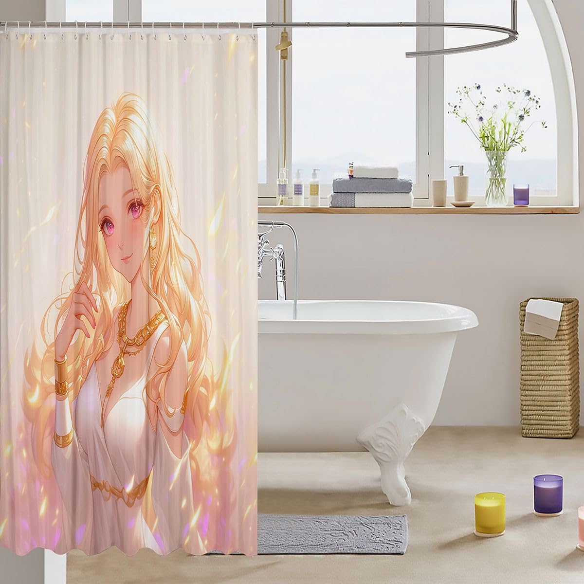 Erosebridal Kawaii Girly Shower Curtain 3D Anime Gifts Bathroom Shower Curtain Sets, Japanese Girl Fabric Shower Curtain for Kids Girls Lady Women Aesthetic Princess Bath Curtain 72" Wx72 L image 3