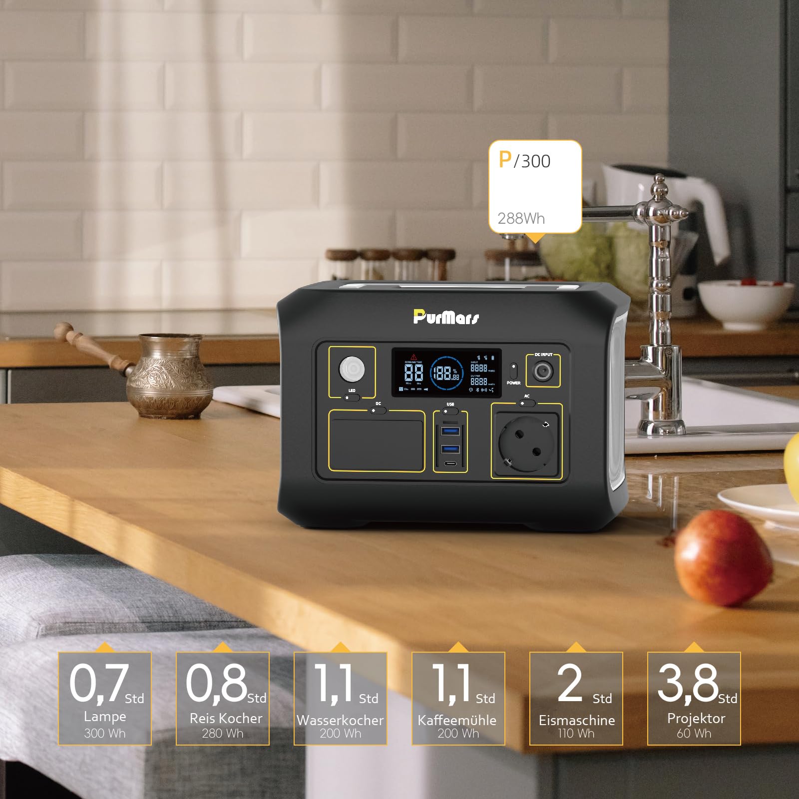 Powerbank Powerstation 300W (Max.500W), 288Wh (90.000mAh) Tragbares Powerbank mit 230V-Rein-Sinuswellen-AC, LiFePO4-Batterie Powerstation, geeignet für Outdoor Camping, Reisen und Notfälle.