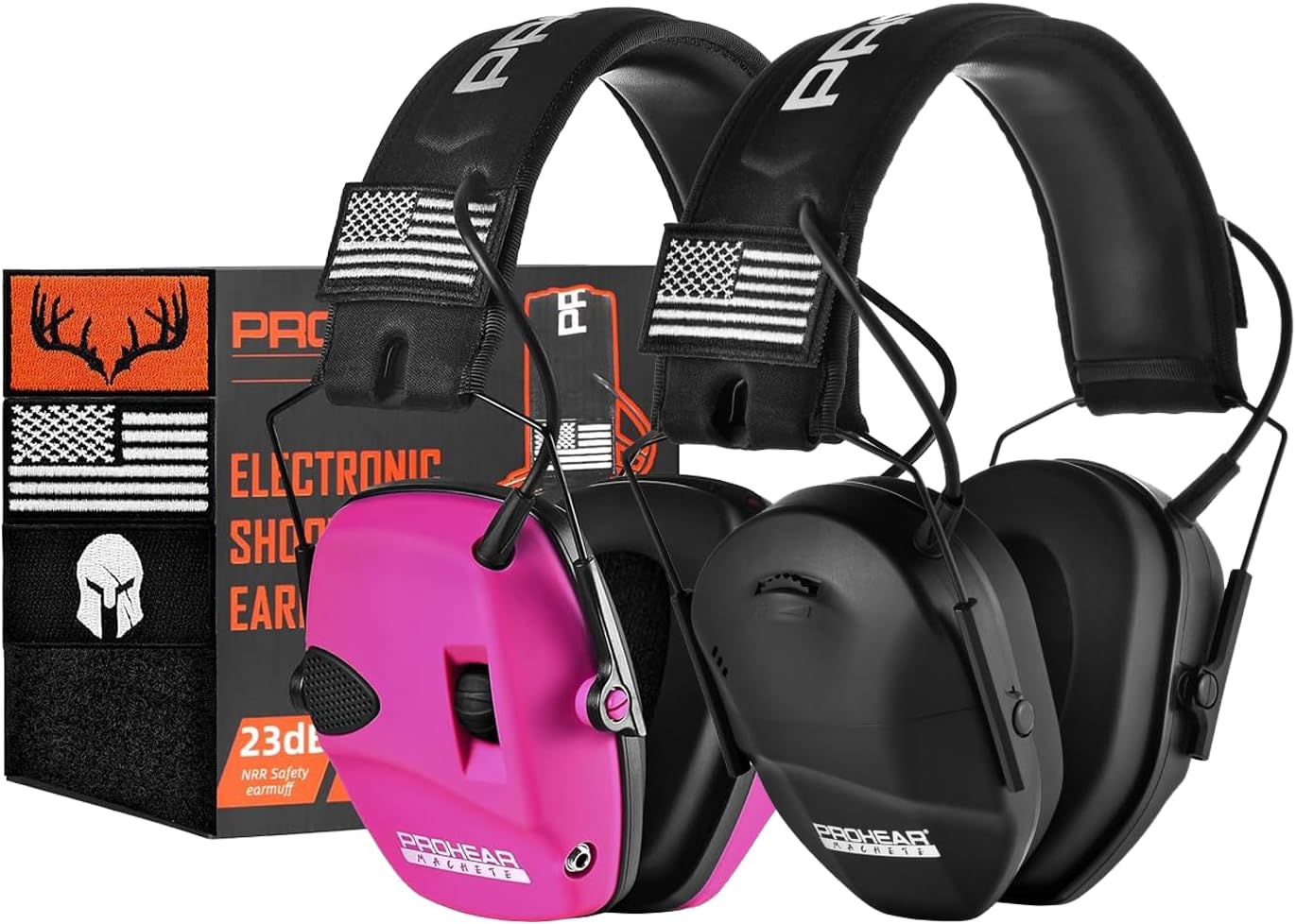 PROHEAR Electronic Shooting Ear Protection Bundle – Slim Fit & Standard Fit 23dB NRR Earmuffs with 4X Sound Amplification – Ideal for Range, Hunting & Mowing – Black + Pink (2-Pack)