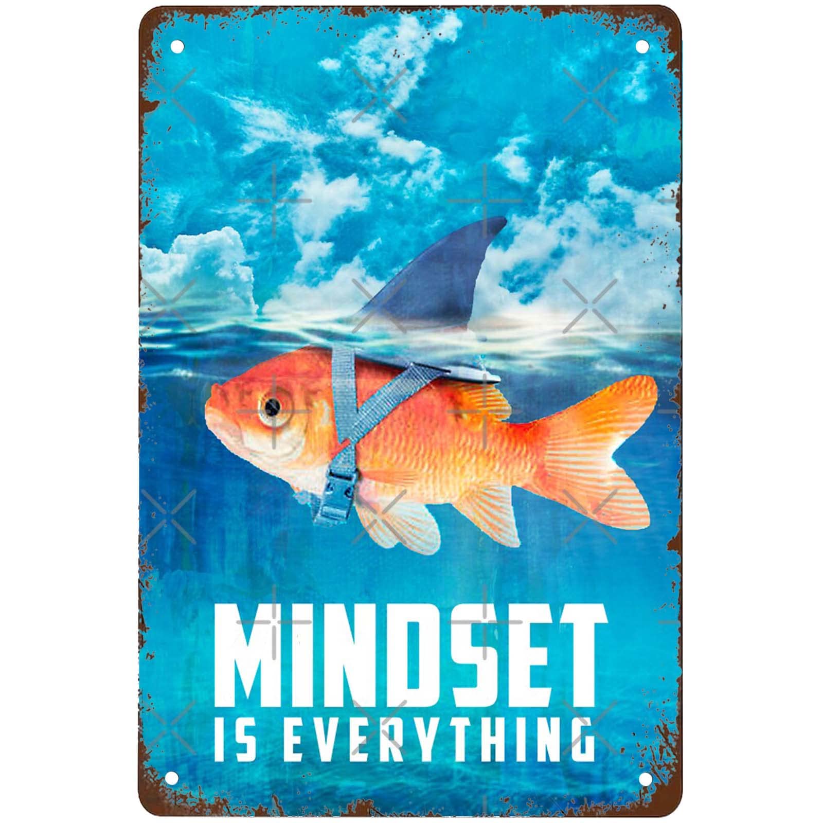 Funny Mindset Is Everything Small Fish With Ambitions Of A Big Shark Signs Wall Decor Vintage Metal Tin Sign Art Poster Fun Garage Office Man Cave Kitchen Cafe Bathroom Sign Gift 8x12 Inch