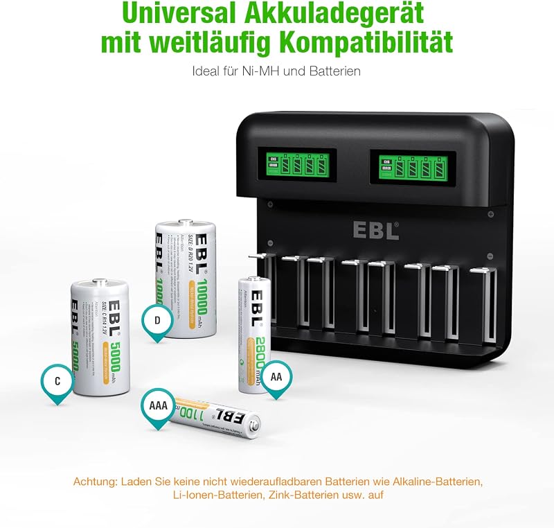 Încărcător rapid EBL pentru acumulatori NiMH AAA, C și D, cu intrare USB-C și ecran LCD