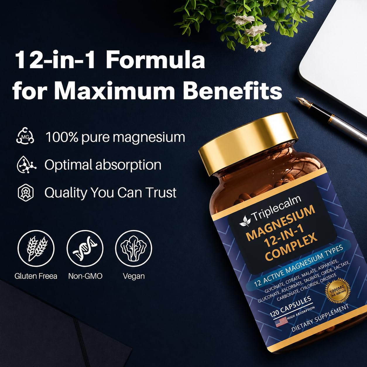 Magnesium Complex 12 in 1 for Women & Men, 1000mg High Absorption Magnesium Supplement with Glycinate, Citrate, Malate & Taurate, Supports Sleep, Muscle, Nerve & Relaxation, Vegan, 120 Capsules — Amazon image 5