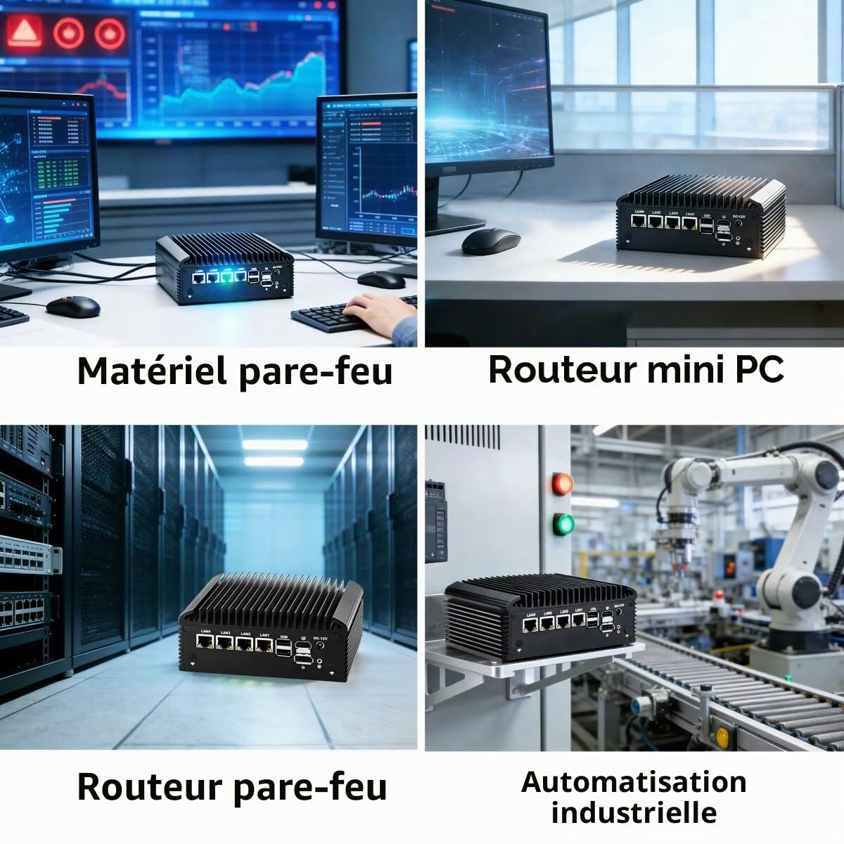 Fanless Mini PC N150 Firewall Appliance Industrial Micro Bureau, 4 x 2.5Gbit LAN + 2 RS232 COM, 8GB RAM 128GB NVME SSD, 6USB, Router/Home Computer Hardware, HD DP Dual Dispaly