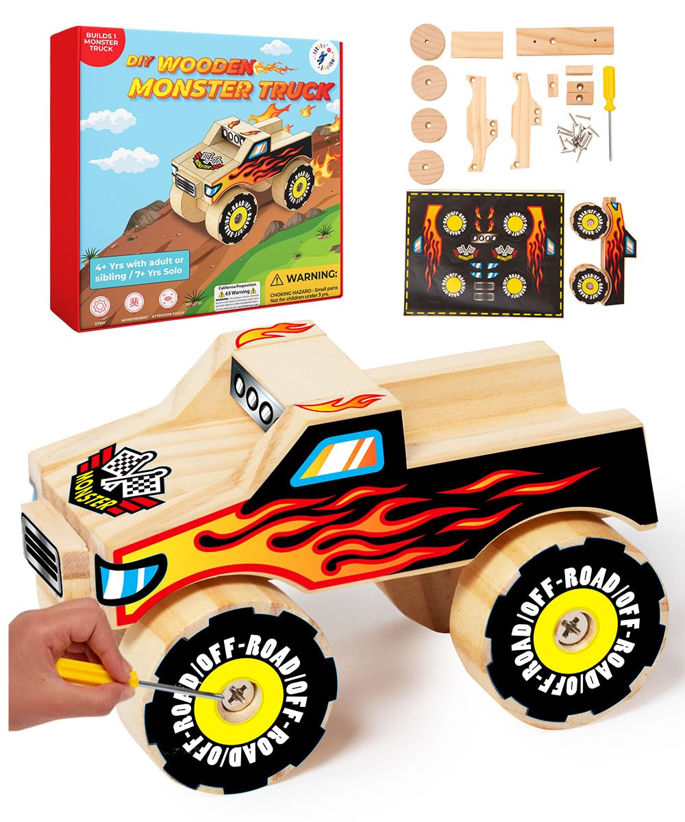 Little Jupiter DIY Wooden Kits w/Stickers - Kids Building Kit - Stem Toys for Ages 4-7 - Wood Crafts for Kids - Woodworking Kits (Monster Truck 1)