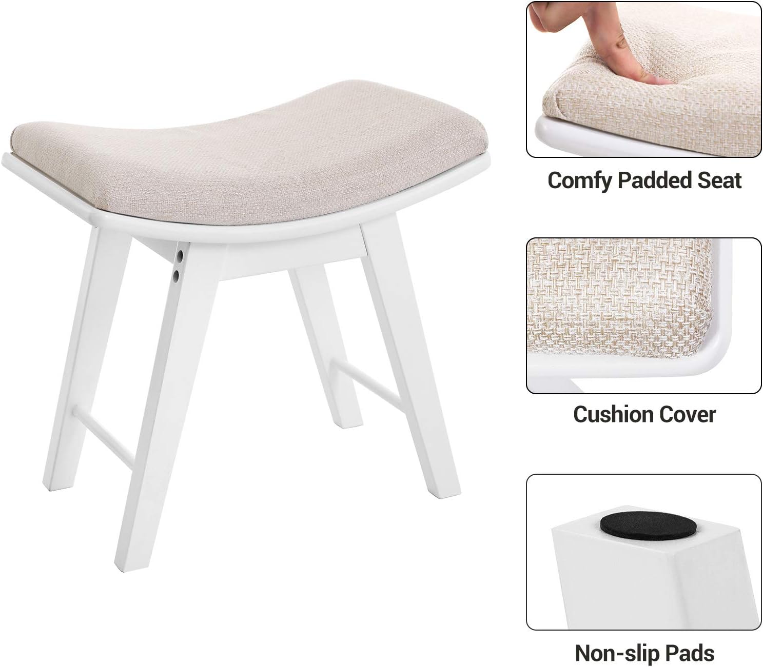SONGMICS Vanity Stool, Modern Concave Seat Surface Makeup Dressing Stool Padded Bench with Rubberwood Legs, Capacity 286lb, Easy Assembly, White URDS51W : Everything Else