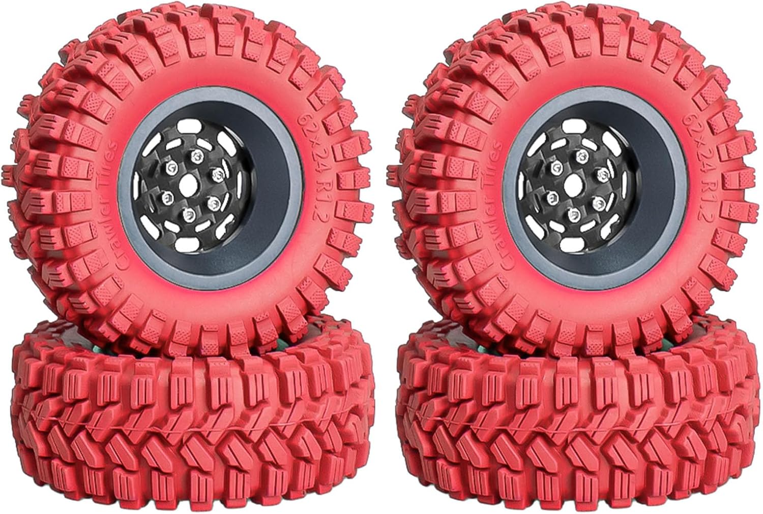 4PCS 1.2" Beadlock Wheel Tires Set 1.2" Carbon Fiber Beadlock Wheel Hub ＆ Colored Rubber Crawler Tires for 1/18 TRX4M 1/24 SCX24 RC Crawler Car (red tires A+ Titanium wheel hub)
