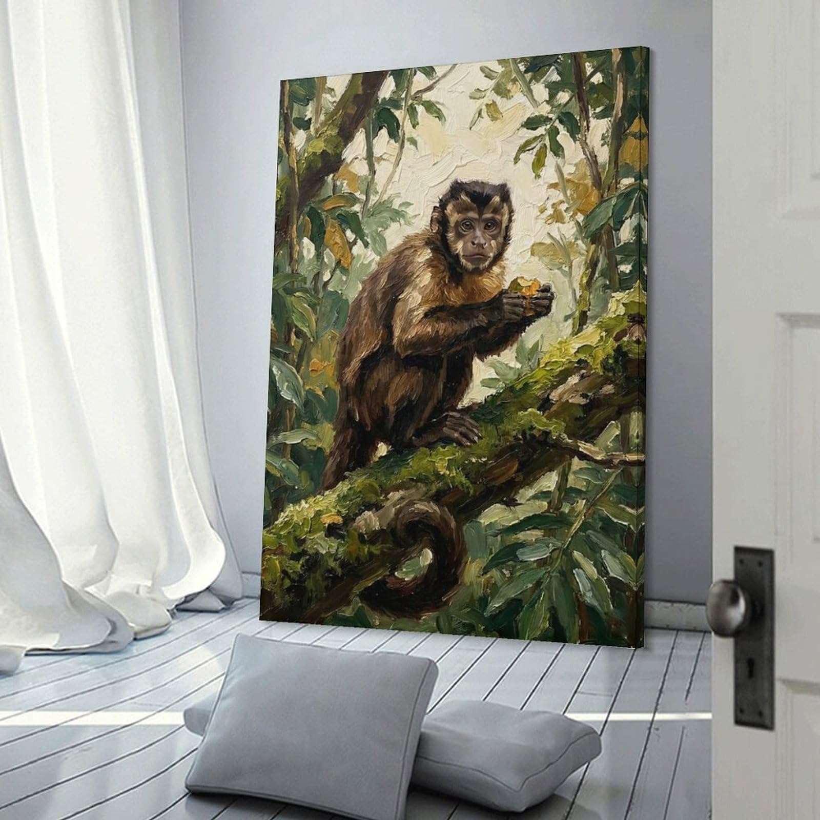 Junmoney Canvas Art Print Monkey Eating Fruit in Forest, 20x30inch(50x75cm), for New Homes, Bedrooms Or Workspaces, Thoughtful Wall Decor for Art Lovers