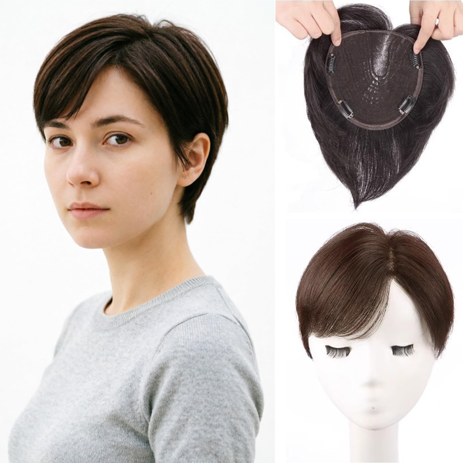 Kurzhaar Echthaar Topper für Damen,Mokka Braun Remy Echt-Menschenhaar Clip-in Haarteil 16x18cm handgeknotete Basis Links-Scheitel Haaraufsatz gegen dünnes Haar & graue Haare 15cm Haarlänge