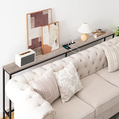 Miniatura 37 de Mesa consola con toma de corriente, mesa de sofá estrecha de 70.9 pulgadas, mesa de entrada industrial con puertos USB, mesa detrás del sofá para