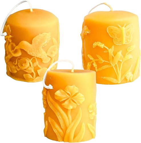 Beeswax Candle with Butterfly Hummingbird Flowers | Set of 3 | Spring Summer Decor | Unique Candle | Grandma Gift | Mom Gift | Handmade Candle |
