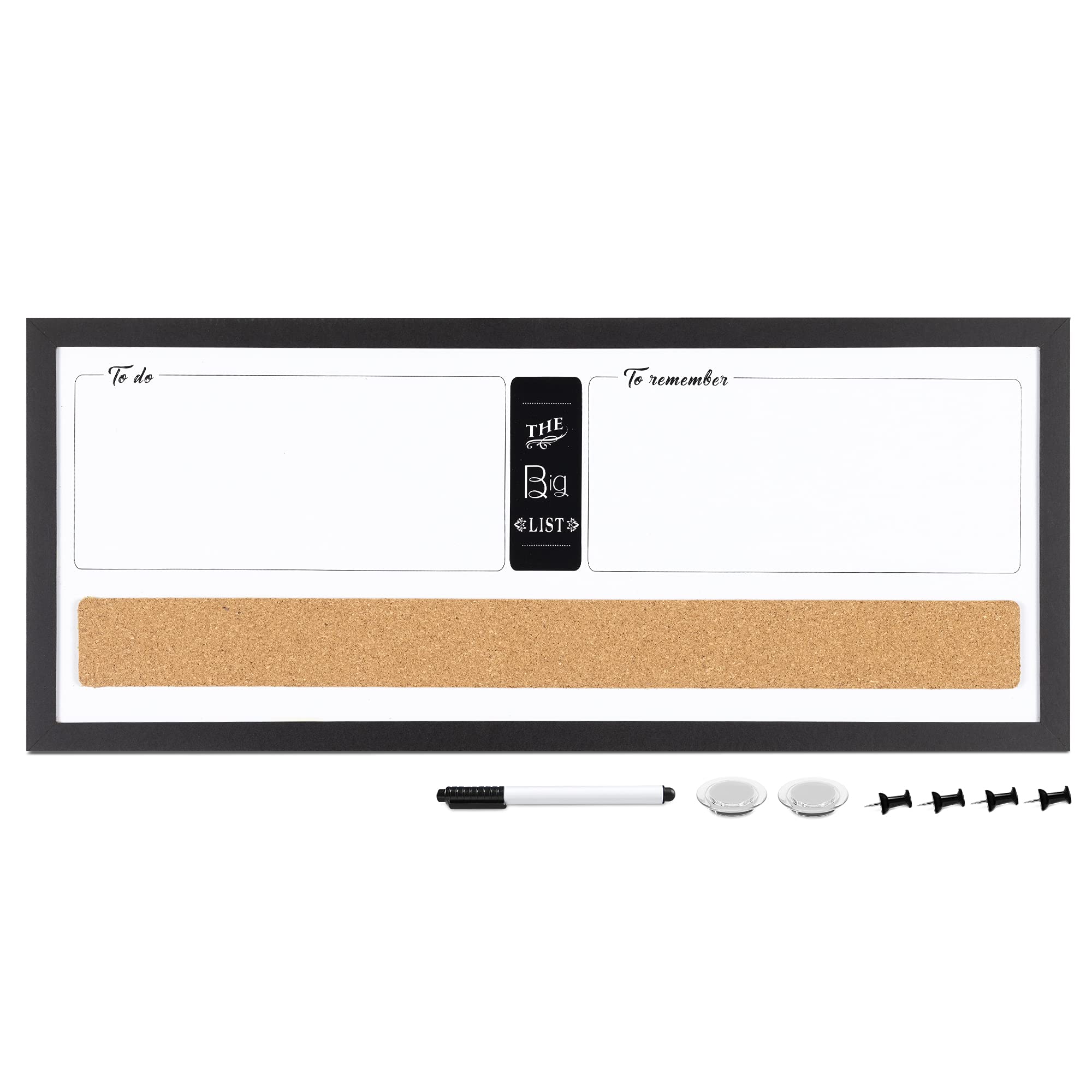 Navaris Lavagnetta Magnetica Bianca e Sughero - Combo Lavagna 2in1 con Pennarello e Puntine - White Memo-Board con Cornice 60x25cm con Calamite Spilli