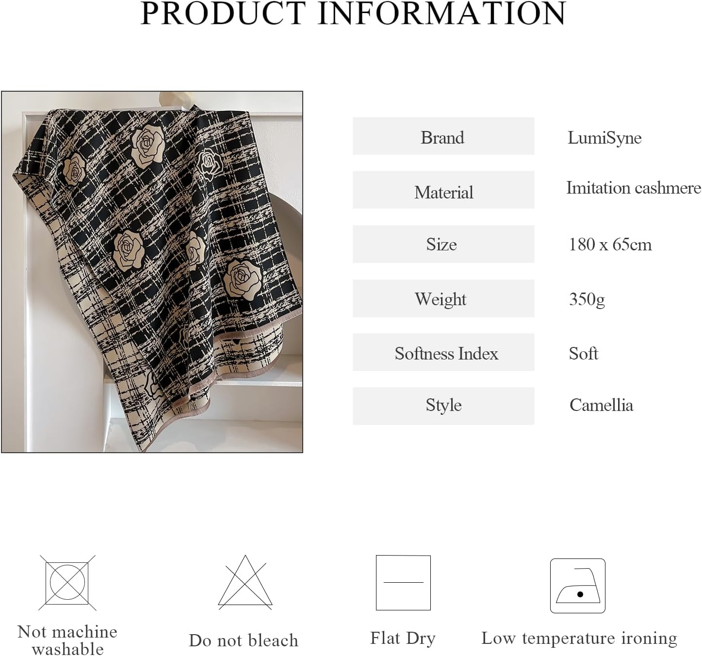 LumiSyne Winter Scarf Women Pashmina Shawls And Wraps Romantic Checked Camellia Pattern Reversible Cashmere Scarf With Tassel - Image 7