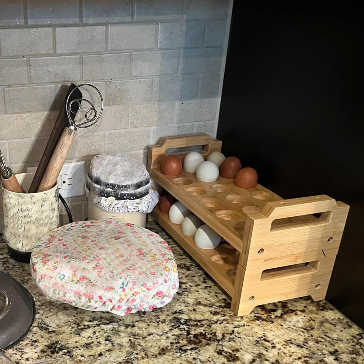KEILEOHO 2 Pack Egg Holder Countertop, Stackable Wooden Egg Holder for 36 Fresh Eggs - Farmhouse Kitchen Countertop Organizer, Bamboo Display Rack Fits Duck Chicken Eggs
