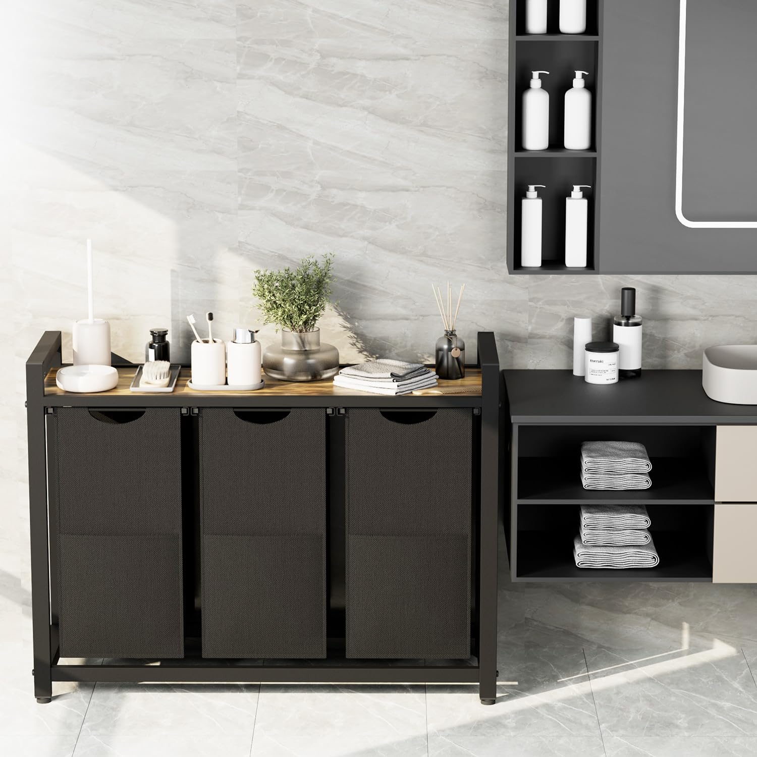 Laundry Hamper, Laundry Basket, Laundry Sorter with 3 Pull-Out and Removable Bags, Shelf, Metal Frame