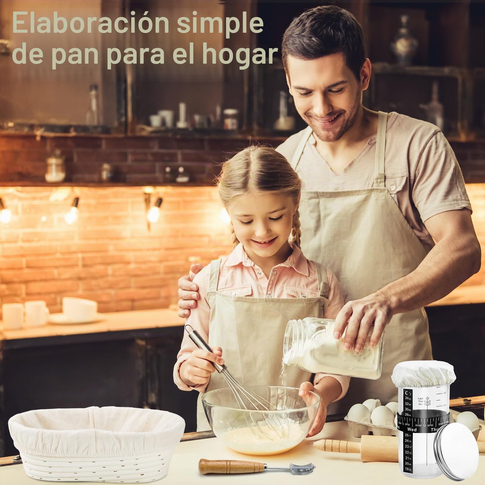 Kit Completo para Masa Madre 12 Piezas:Cesta para Pan Ovalada 25 cm y Cesta Redonda 23 cm,Banda de Silicona para Pan,Tarro de Fermentación para Levadura,Set de Raspadores para Bowl y Masa