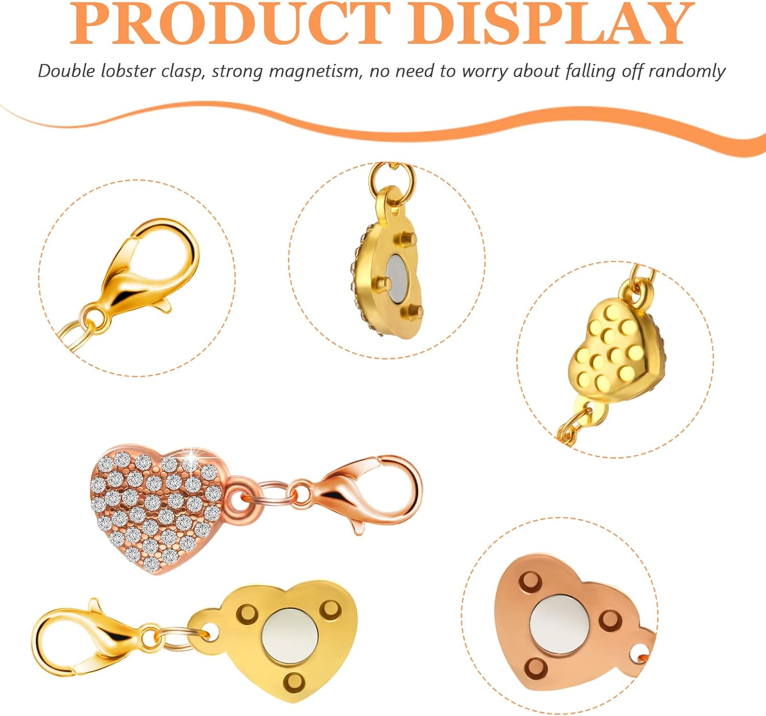 MTLEE 8 Pieces Heart Magnetic Necklace Clasps and Closures for Jewelry Locking Magnetic Lobster Clasp Self-aligning Heart Rhinestone Clasps Necklace Clasp for Jewelry Making Extender - Image 4