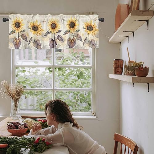 Miniatura 5 de Cenefas para ventanas, cortinas de cocina con bolsillo para cortinero de girasoles de 42 x 12 pulgadas, cortinas cortas para cocina, bañodormitorio,