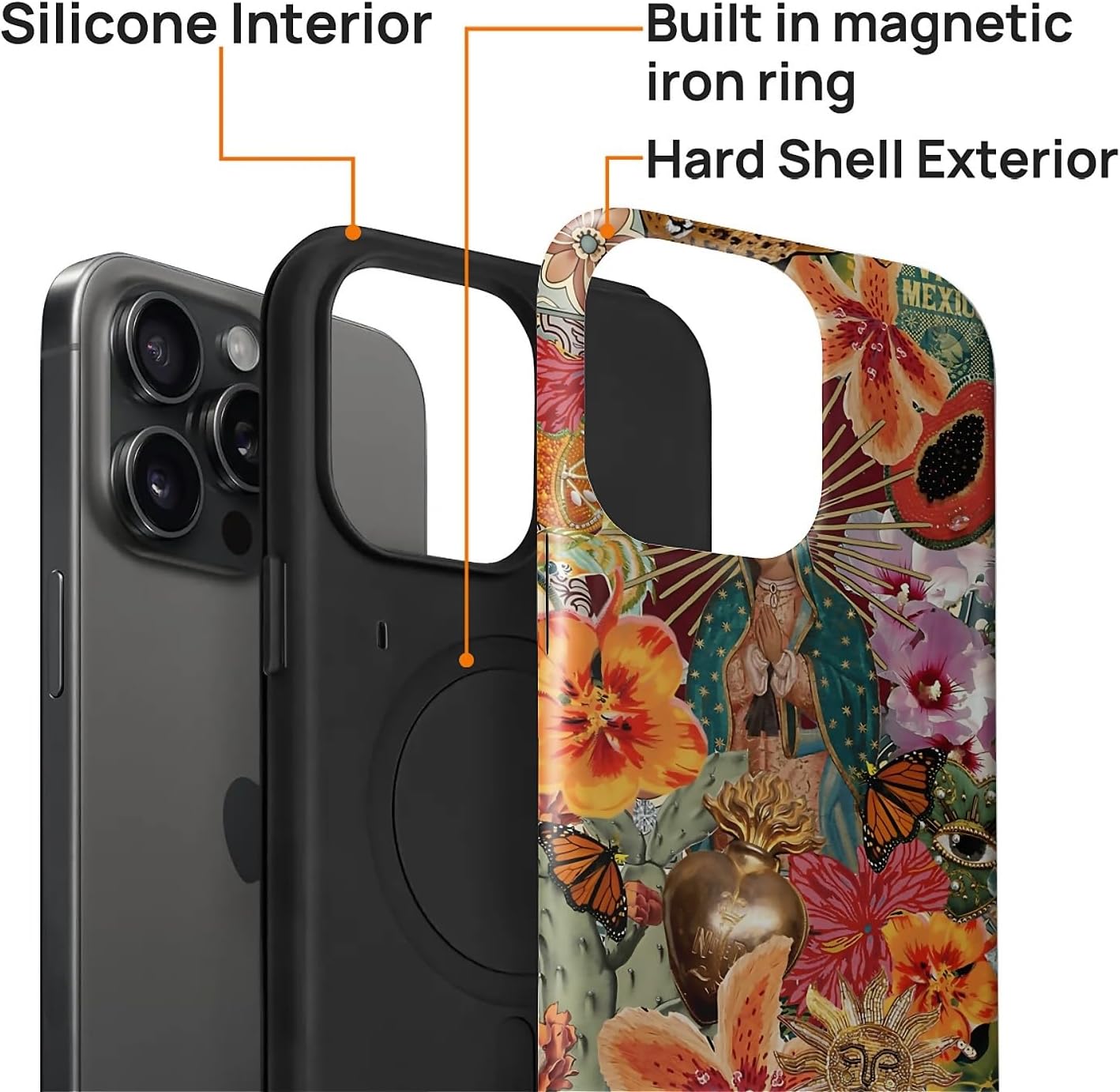 Case for iPhone 15 Pro Max [Compatible with MagSafe], Matte Soft Silicone + Hard PC Anti-Scratch Shockproof Protective 2-in-1 Case for Women Men - Virgin Mary Flower Collage