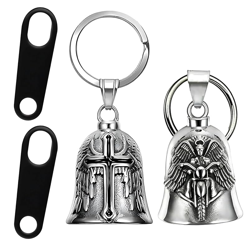 Kit com 2 Chaveiros Sino Guardian Angel para Motocicleta com Asas e Cruz Enyyfit
