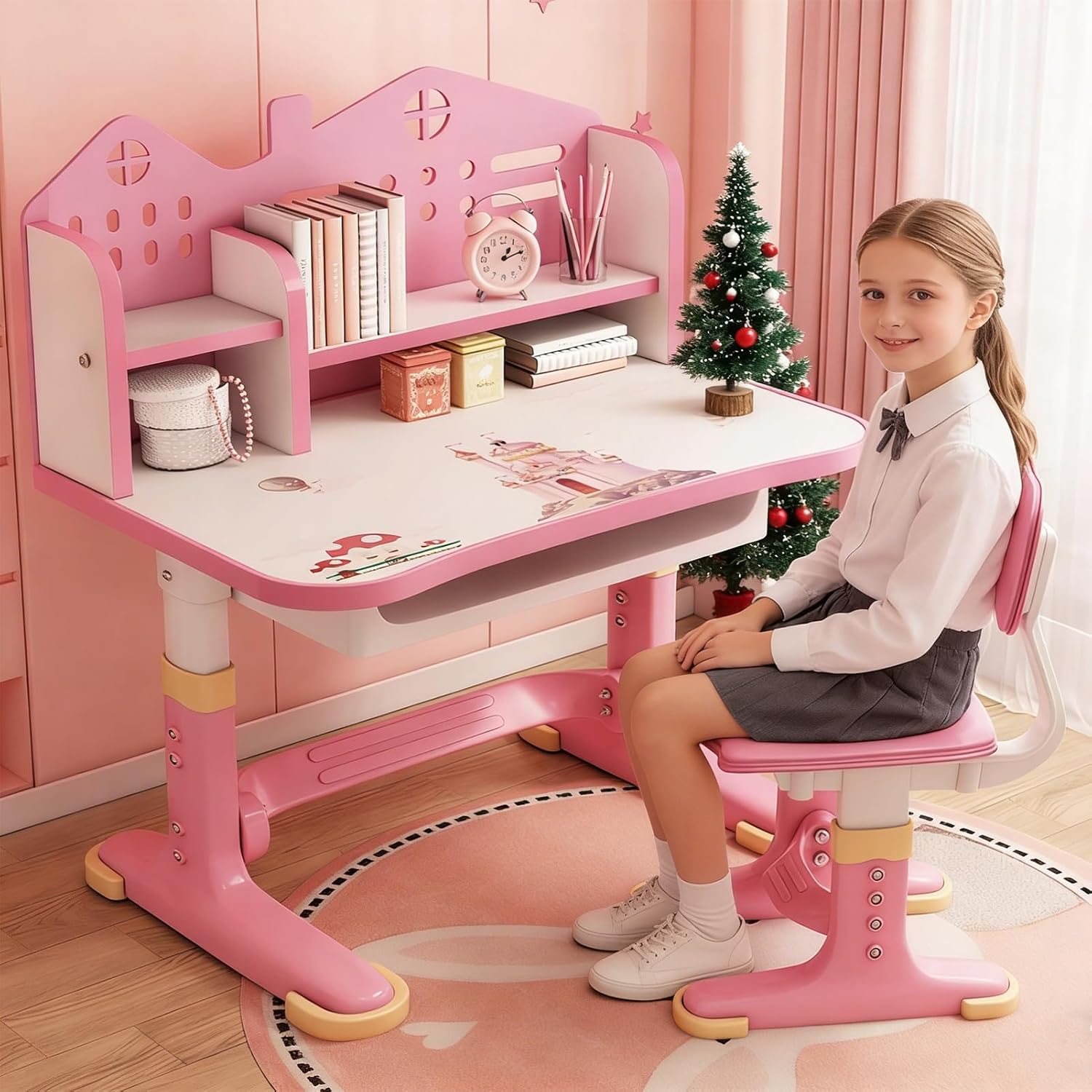 Kids Study Desk Chair Sets, Kids Learning Desk and Chair Set, Pink Height Adjustable Children School Study Table with Castle Backboard, Widened Desktop, Bookstand and Storage Drawer Pink