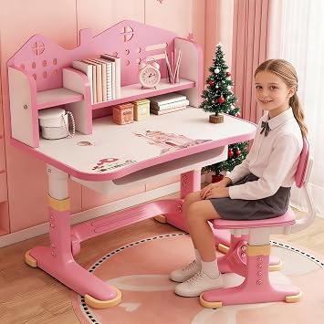 Kids Study Desk Chair Sets, Kids Learning Desk and Chair Set, Pink Height Adjustable Children School Study Table with Castle Backboard, Widened Desktop, Bookstand and Storage Drawer Pink