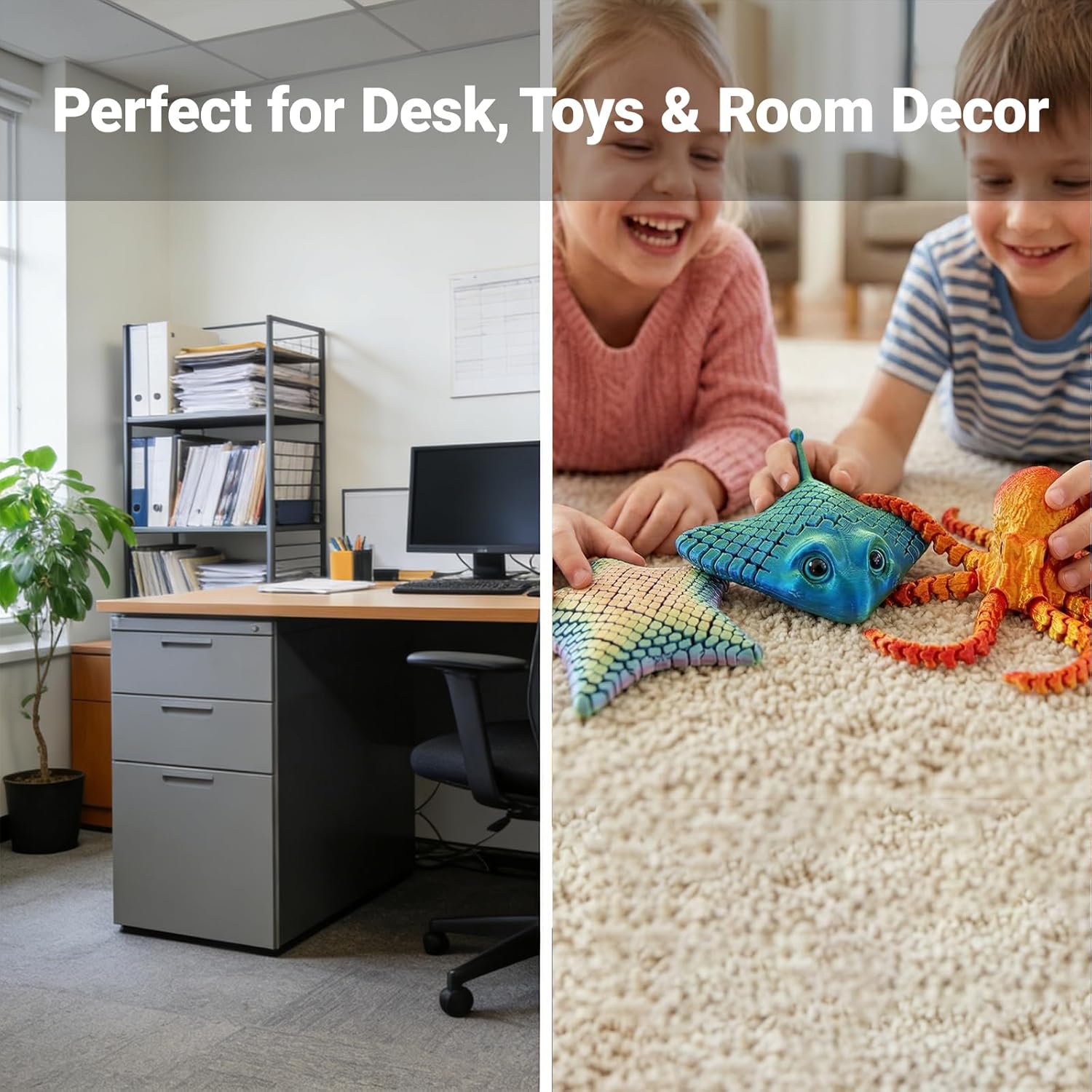 3 Pcs 3D Printed Articulated Fidget Toys – Octopus, Ray & Starfish Flexible Desk Decor, Posable Sea Creature Figures, Handheld Stress Relief Objects for Office Workspace