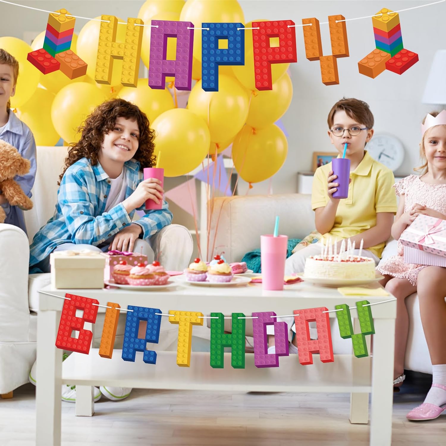 Hooqict Building Block Happy Birthday Banner Building Block Birthday Party Decorations Building Bricks Garland Party Banner Blocks Theme Birthday Party Supplies for Boys Girls