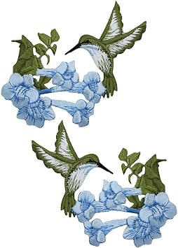 Hummingbird Iron on Applique Patch, Blue Flowers, Bird Badge 3.5" 2-Pack - for Hats, Shirts, Shoes, Jeans, Jacket