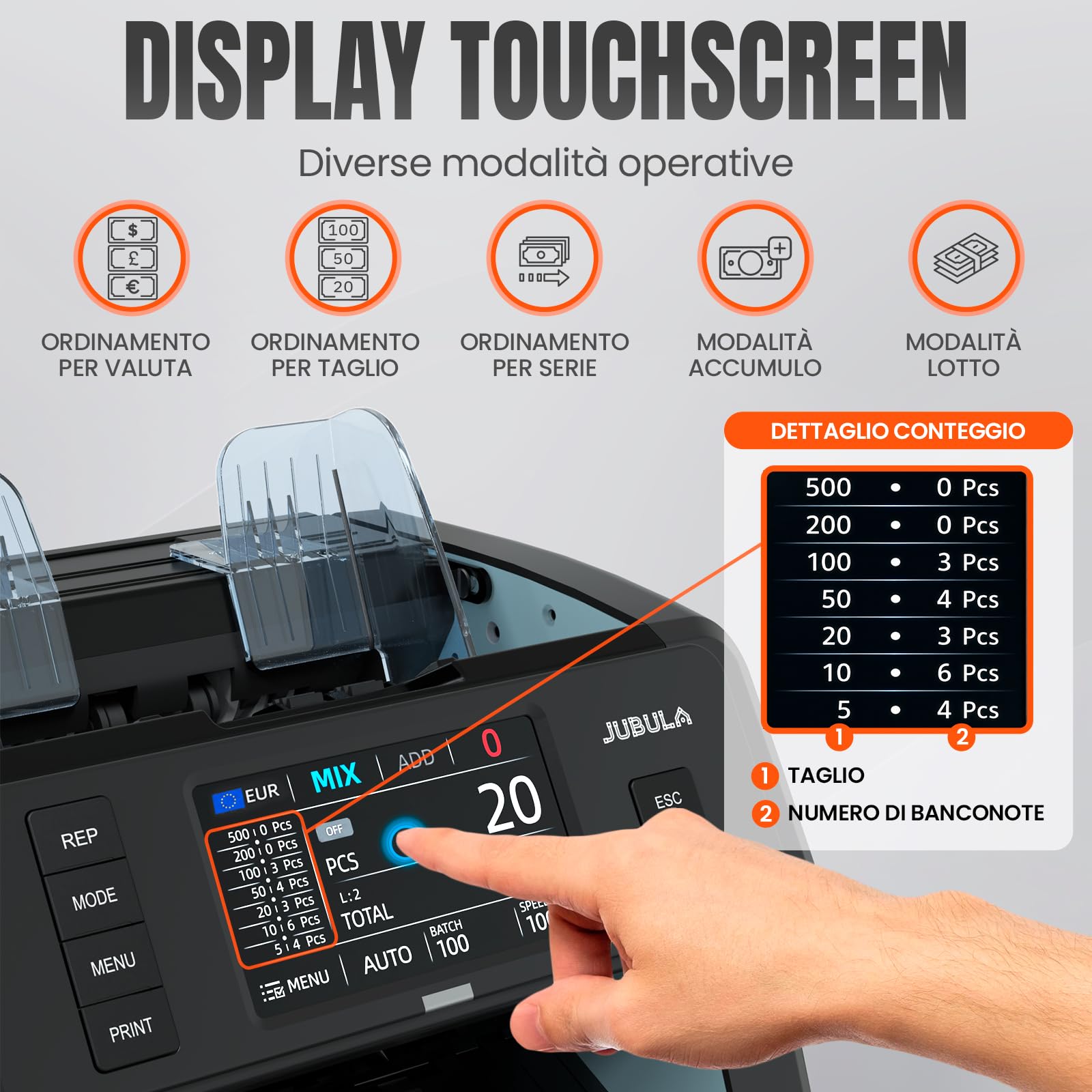 MV-400 contabanconote 1CIS con touchscreen | sicuro, preciso, veloce | rileva soldi falsi | conteggio misto, rilevamento banconote false testato BCE, 10 valute
