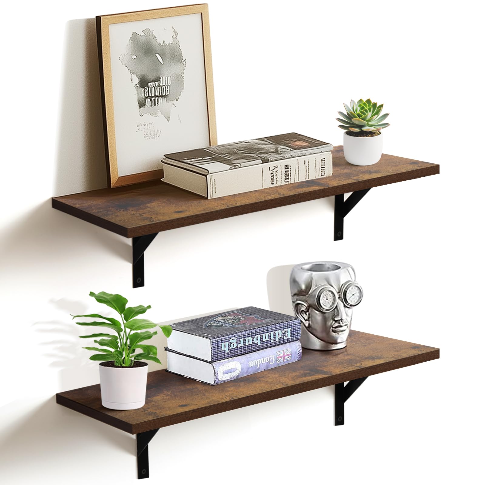 Heavy Duty Long Wall Shelves Set of 2, Floating Shelves Wall Mounted with Industrial Brackets, 40lbs Capacity Shelves for Laundry Room, Kitchen, Bathroom, Living Room (24"*8",Rustic Brown)