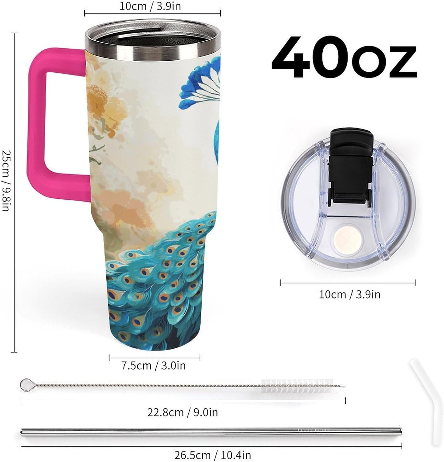 Cartoon Blue Peacock Tumbler 40 Oz with Handle&Lid Large Car Cup Stainless Steel Vacuum Travel Mug Insulated Water Bottle Leak-proof Portable Coffee Cup for Home Car Outdoor