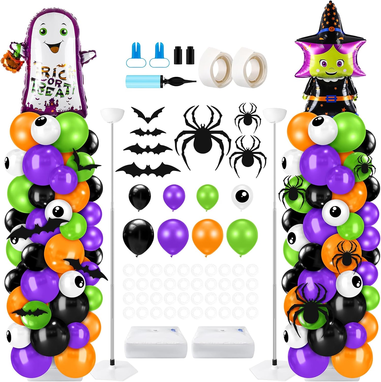 Kasyat 2 Sets Halloween Balloon Column Stand Kit with 200 Black Orange Green Purple Eyes Balloons and Spider Bat Stickers, Adjustable Balloon Garland Arch for Halloween Decorations (Witch,Ghost)
