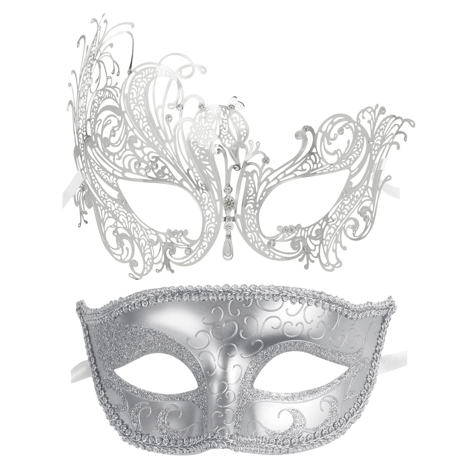 Coddsmz Couple Masquerade Mask Metal Masks Venetian Party Mask Halloween Costume Mask Mardi Gras Mask Party Evening Bar Prom Ball Mask Set for Women and Men Costumes Accessory (Silver+Silver)