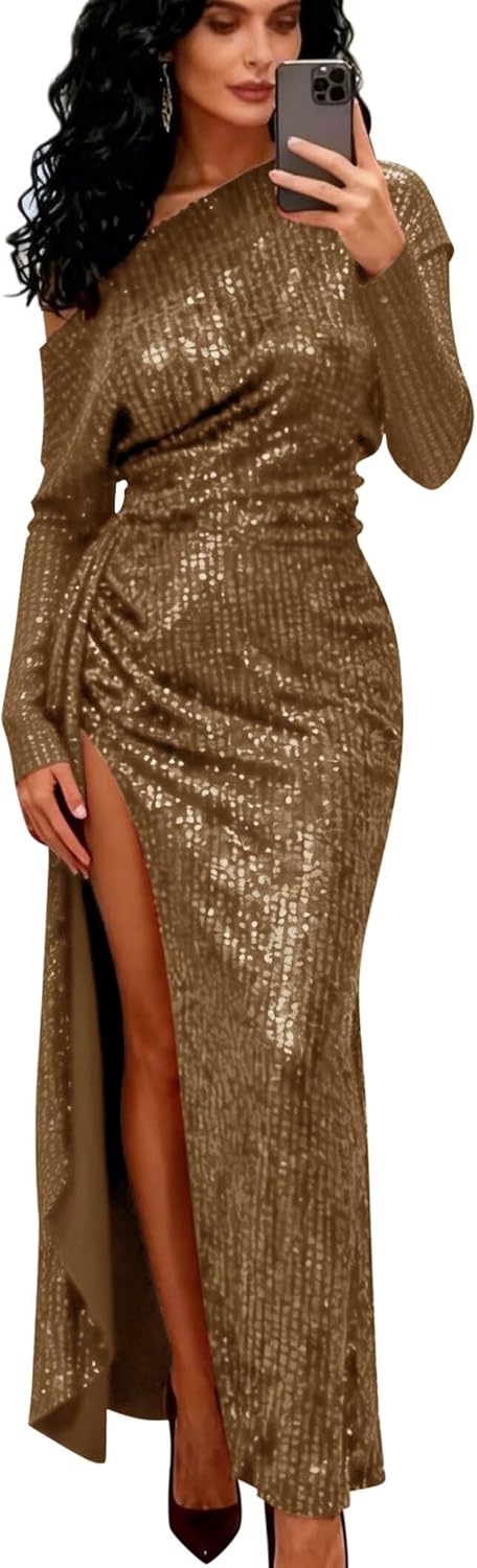 Zeeyecie One Shoulder Long Sleeve Sequin Prom Dresses Mermaid Sparkly Formal Evening Ball Gowns Ruffle Party Dress with Slit