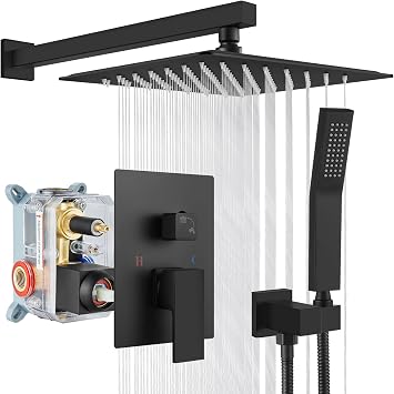 gotonovo Shower Faucet Set with Handheld Spray Matte Black,12 Head | SUS304 Rainfall Shower Head and Handle Set System Fixture,Pressure Balance Valve Trim Kit,Single Handle,Wall Mount,All Metal